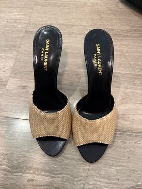 Saint Laurent Natural Raffia and Black Slide Mules